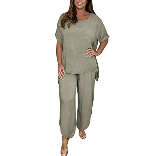 Pantalon large haute couleur unie femme ensemble coton lin anti-chaleur fluide