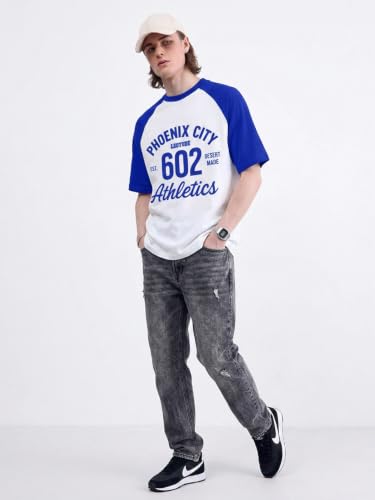 Image of LEOTUDE Oversized Phoenix City 602 Graphic Baseball Tee for Men | Half Sleeve Round Neck Drop Shoulder | Made Athletic Raglan T-Shirt Casual Streetwear Red White Sports T-Shirt for Men's (Color:Blue)
