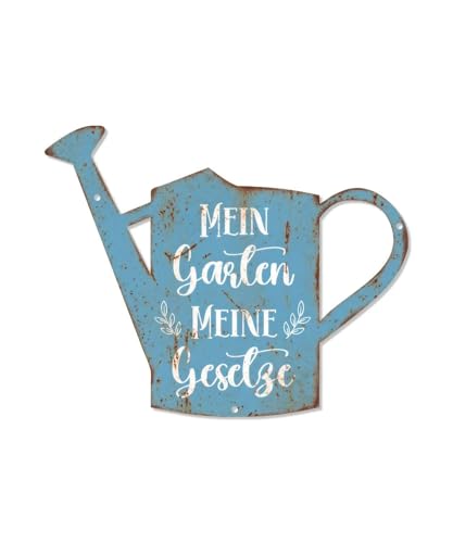 Putuo Decor Gartendeko Vintage Gießkanne Metall Schild rustikale Garten Deko für draußen wetterfest Mein Wanddeko aus Metall für Garten Balkon Terrasse Rost Optik Blau