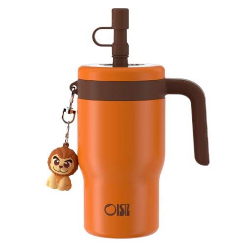 Image of OISIZ 14oz Kids Tumbler with Straw Lid & Handle,Kids Cup with Animal Accessory for School,Kids Water Bottles with Dust-proof Cover,Leakproof Water Bottles,316 Stainless Steel,Keep Cold 24 Hours-orange