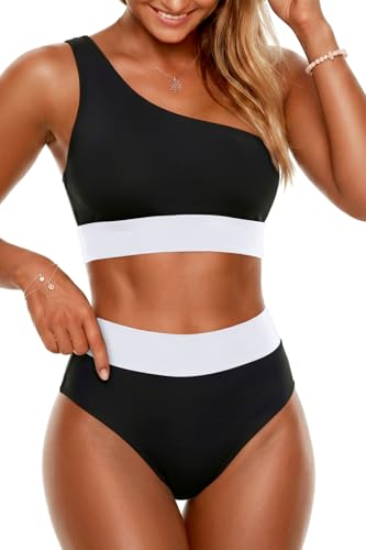 Image of Holipick Women One Shoulder High Waisted Bikini Set Two Piece Tummy Control Swimsuits Full Coverage Bathing Suit