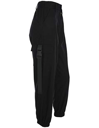 xxxiticat Women's Buckle Cargo Pants High Waist Multi-Pockets Hip Hop Chain Lace Up Motorcycle Plain Loose Baggy Trouser4