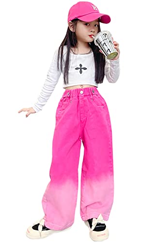 Kids Girls Wide Leg Jeans Elastic Waist Denim Pants Casual Ripped Baggy Trousers Straight Distressed Bootcut Bottom3