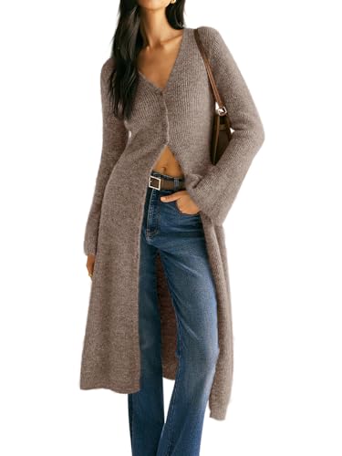 Image of Womens V-Neck Button Maxi Cardigan Bell Long Sleeve Open Front Split Breasted Sweater Dress