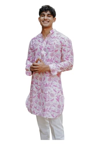 Image of LookMark Men's Cotton Blend Printed Long Kurta Suitable for All Indian Wedding, Occasions, and Festivals