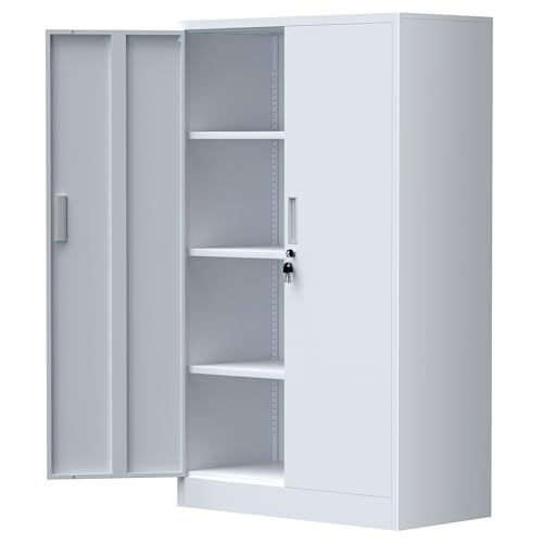 Image of JINKUR Metal Storage Cabinet with Locking Doors and 3 Adjustable Shelves, Lockable Storage Cabinets for Home Office Garage Kitchen Pantry (White)
