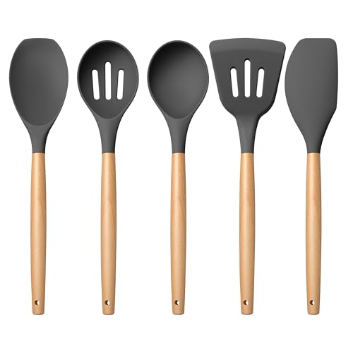 E-far Silicone Cooking Utensils Set with Heat Resistant Wood Handle, 5PCS