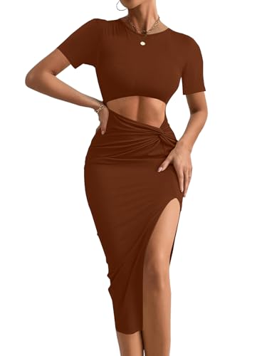 Image of Rooscier Women's Twist Cutout Waist Split Crewneck Short Sleeve Bodycon Midi Dress