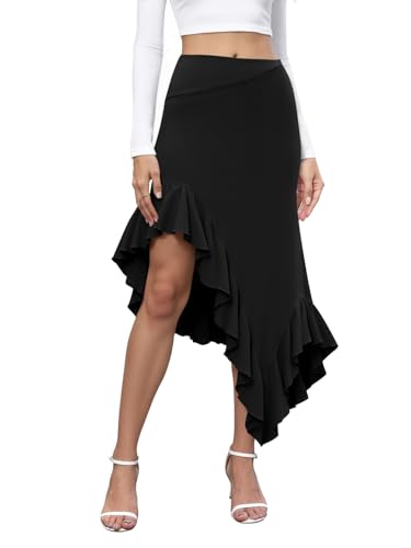 Yousify Womens Ruffle Midi Skirts Casual High Waisted Flowy Swing Boho Handkerchief Hemline Stretchy Asymmetrical Skirt