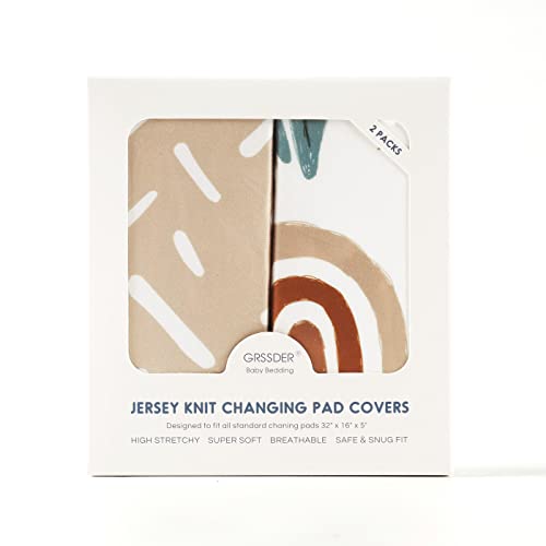 Grssder Stretch Ultra Soft Jersey Knit Changing Pad Cover Set 2 Pack,Change Table Pad Covers Fit 32"/34" X 16" Pads Safe And Snug,Stylish Cute Rainbow Print For Baby #TOP3