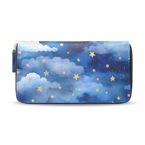 Long Wallets Leather Bifold Wallet for Women Blue Stars Cloud with Zipper Credit Card Holder Large Capacity