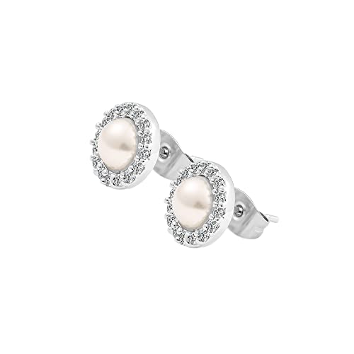Silver Plated Brass CZ Halo Simulated Pearl Stud Earrings3