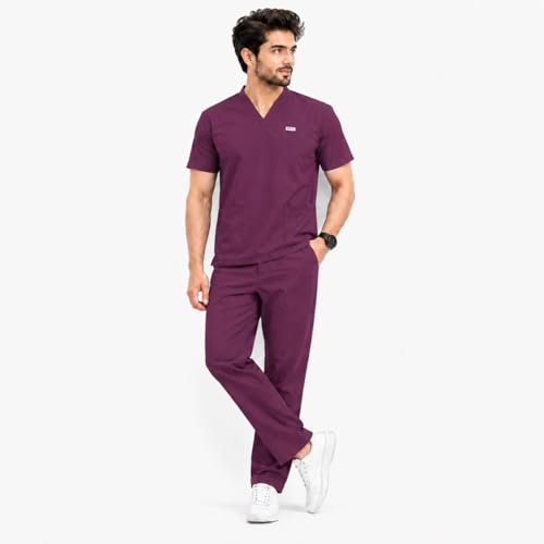 Image of Unisex Medical Scrub Suit Set, V-Neck Top with Pants, Short Sleeve, Polyester Cotton Blend, 7 Pockets, Regular Fit, Hospital Doctor Nurse Uniform