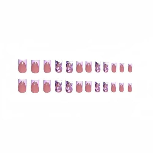 Image of 48 Pcs Purple Flower Press on Nails & Press on Toenails Set French Tip Fake Nails Floral Glue on Nails Short Square Toes Glossy Artificial Acrylic Full Cover Stick on Toe Nails for Women Manicure