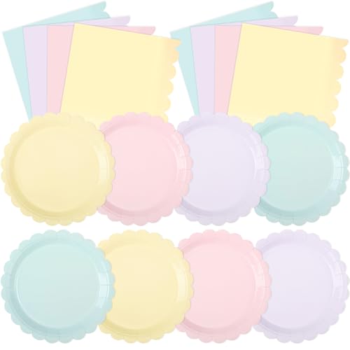 Tiangrid 120 Pcs Pastel Paper Plates and Napkins Pastel Rainbow Party Supplies Bulk Disposable 7 Inch Scalloped Plates Cocktail Napkins for Colored Easter Wedding Bridal Baby Shower Birthday Serve 60