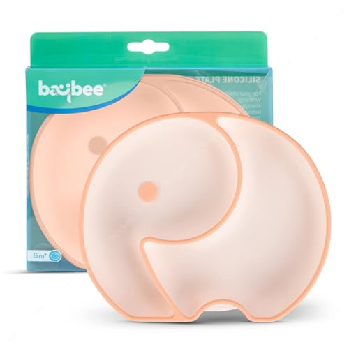 Image of BAYBEE Elephant Silicone Divided Baby Plate with 2 Training Spoons | Baby Feeding Set for Toddlers & Kids | Suction Plate and Spoon Combo for Boys & Girls | Tableware Set for Boys & Girls (Orange)