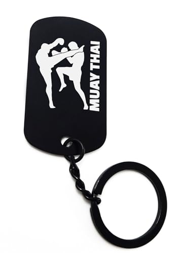ENTROPIJA Llavero de arte marcial Muay Thai grabado con láser de combate clásico negro con etiqueta de acero, Negro, Talla única