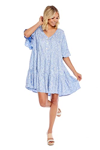 Mud Pie Aster Women's Short Sleeve Flounce Dress, Blue, Small #TOP2
