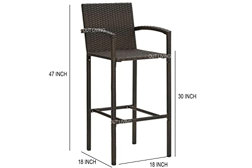 Image of OUTLIVING Rattan Wicker Outdoor Bar Patio Table with 2 Chairs Set for Home Graden Balcony 2 Seater Bar Patio Furniture - (Brown)