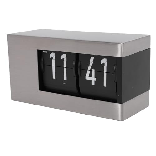 VINGVO Calendar Flip Clock, LED Display Auto Page Turning 12 Hour AM PM Retro Perpetual Calendar, Quartz Movement Clock with Synchronous Date Display, Ideal for Living Room, Bedroom & (Silver)