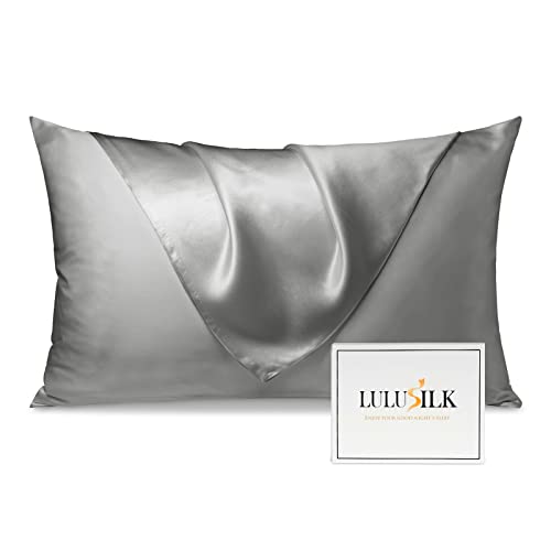LULUSILK Silk Zippered Pillowcase for Hair and Skin, 600 Thread Count 19 Momme Silk Pillow Case, Silvergrey, Standard Size, Pack of 1