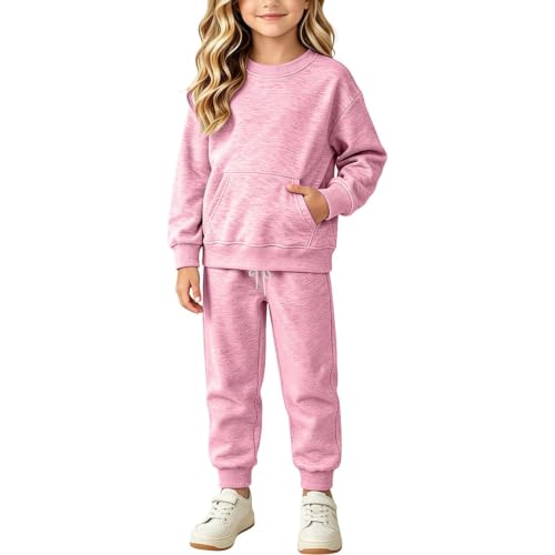 GOSEAGOTOFUN Sweat Set Girls 2 Piece Fleece Sweatshirt and Sweatpants Kids Crew Neck Sweatsuit Fall Winter Jogging Tracksuit 01-Pink 4-5 Years - image 5