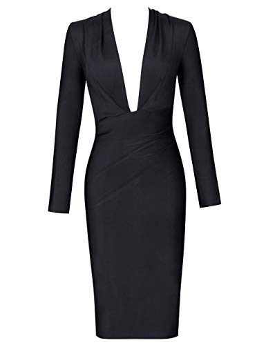 UONBOX Women's Deep Plunge V Neck Long Sleeves Draped Knee Length Bodycon Bandage Dress4