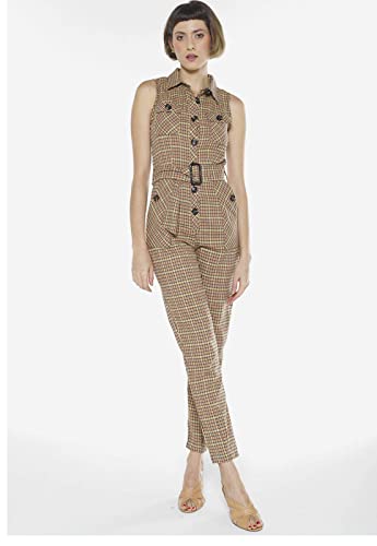 Macacão Longo Alfaiataria Xadrez Com Cinto Sob (M, Caramelo)