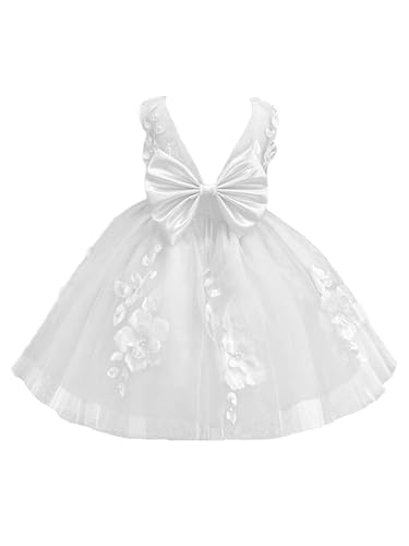 Short 3D Flower Girl Dress for Wedding 2025 Tulle V-Back First Communion Pageant Dresses with Bow-Knot