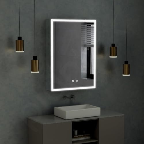 Image of Plantex 304 Stainless Steel Cabinet Mirror /Bathroom Cabinet Storage /LED Mirror Cabinet for Wall /Bathroom Organiser Cabinet -Chrome (19x27 Inch,Defogger & Bluetooth)
