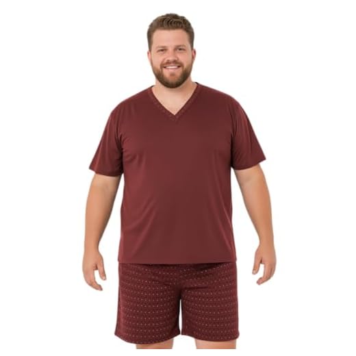 Pijama Plus Size Masculino Adulto Manga Curta Gola V Macio Quentinho Tamanho Grande G1 G2 G3 (Bordô, G3)