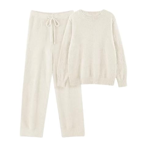 VXVGER Womens Fuzzy Fleece Pajamas Set 2 Piece Cozy Pjs Lounge Set Warm Long Sleeve Knit Pullover Sweater Pants Loungewear(Beige,XXL) Cover