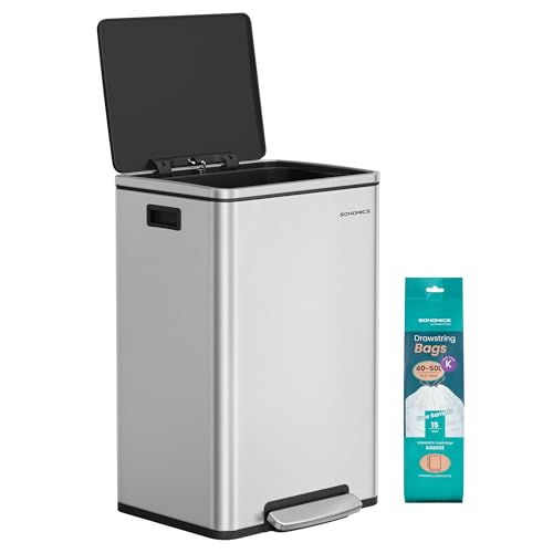 SONGMICS Trash Can, 13-Gallon Gabbage Can, with 15 Trash Bags, Stainless Steel, with Soft-Close Lid,...