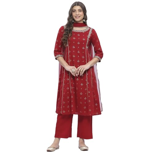 Image of Biba Women 100% Cotton 3 /4 Sleeve Round Neck Kalidar Printed Suit Set