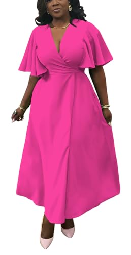 Image of Summer Dresses for Women Semi-Formal Fit Casual Short Ruffle Sleeve V Neck Elegant Swing Split Long Maxi Dresses