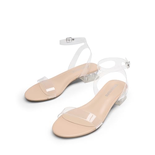 Image of DREAM PAIRS Women Black White Nude Clear Sandals Low Heel Dressy Sandals Ankle Strap Open Toe Chunky Block Heeled Summer Classic Comfortable Flat Shoes