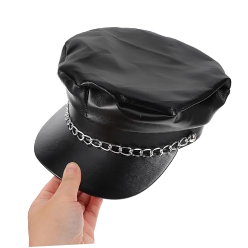 PU Chain Newsboy Cap Vintage Sailor Fiddler Bakerboy Flat Hat for Autumn Winter Versatile Accessory for Daily Wear Parties and Travel Black3