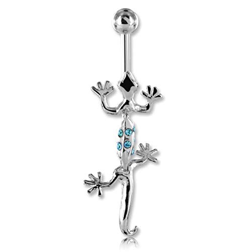 INOKI - Banane de Nombril Argent articulée Cristal autrichien Salamandre - Jonc/Tige 1.6 mm, Long. int. 10 mm, Boule 5 mm - Aiguemarine