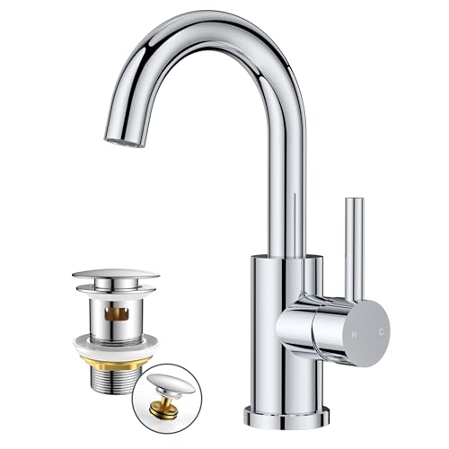 FORIOUS Wasserhahn Bad Hoch mit Ablaufgarnitur,360° Drehbar Edelstahl Waschtischarmatur Hoch mit Warm/Kaltwasser Mischbatterie Einfache Montage für Badezimmer Waschbecken