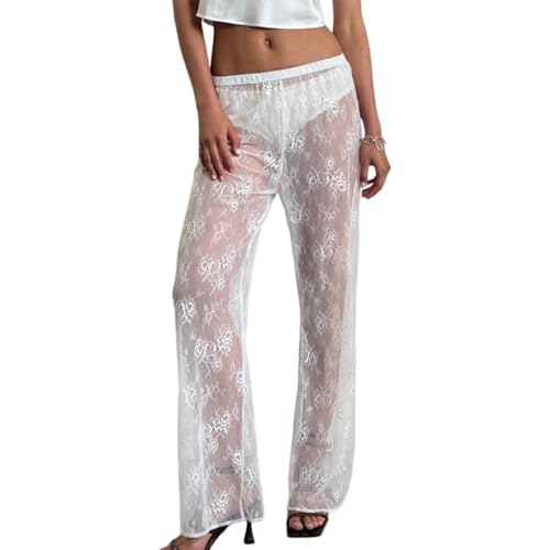 Women Y2K Floral Lace Sheer Mesh Flare Pants See Through Elastic High Waisted Long Trousers Sexy Hollow Out Clubwear
