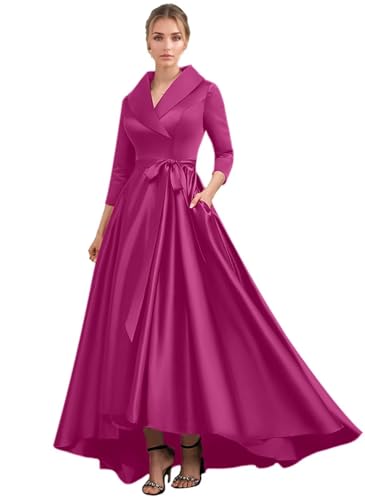 Satin A Line Formal Dresses for Women V Neck 3/4 Sleeves Tea Length Wedding Guest Dresses with Pockets