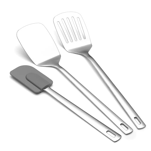 Berglander Edelstahl Pfannenwender Set 3 telling, Metallspachtel Fest & Geschlitzt & Flexibler Wender, Robuster Küchenwender, Kochutensilien für Antihaft-Kochgeschirr