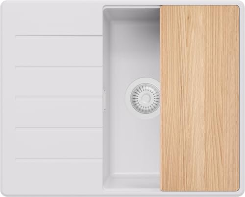 Fregadero Cocina Blanco 62x50cm, Fregadero Granito 1 Seno + Sifón + Tabla de cortar, Fregadero sobre encimera al mueble 45cm - Copenhague Top de Primagran