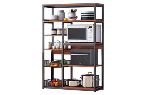 Scaffale da cucina, scaffale per microonde, mobile ausiliario da cucina a livelli, ripiano aperto in piedi 2 maglie metalliche e più ripiani, 80 x 30 x 142 cm, legno, marrone rustico