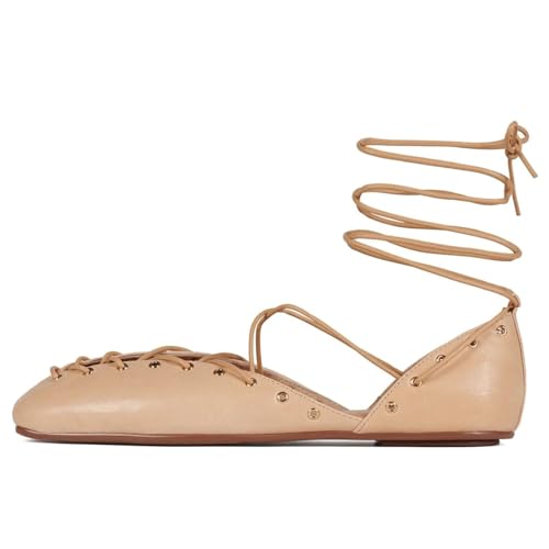 Dsevht Lace Up Ballet Flats for Women Elegant Round Toe Mary Janes Comfortable Slip-On Bow Ballerina Flat Shoes for Casual Office Date Night