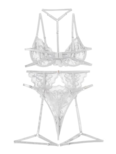 Image of Lilosy Sexy Choker Floral Lace Scallop Sheer Underwire Push Up Garter Belt Lingerie Set 3 Piece