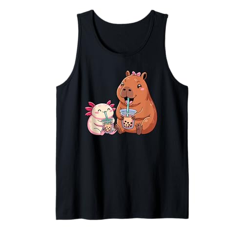 Kawaii Axolotl und Capybara Drinking Bubble Boba Tea Girls Tank Top