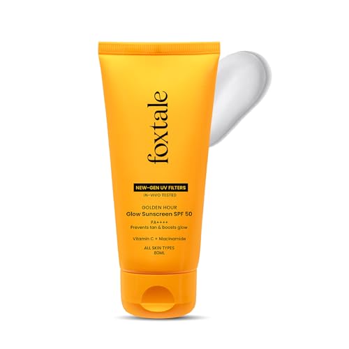Image of Foxtale Glow Sunscreen SPF 50 PA++++ with Vitamin C & Niacinamide, In-Vivo Tested, Sensitive-Skin Friendly, Made with 100% New-Gen Filters, Lightweight, Non-Greasy, No White Cast |For Men & Women| All Skin Type | 80 Ml