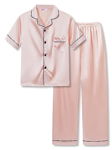 Topgal Little & Big Girls Pajama Set Size 6-16 - Fuchsia Satin Silky Cute Long Sleeve & Pants Outfit