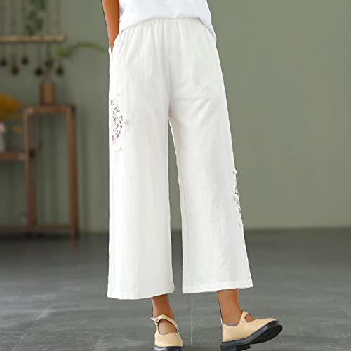 Womens Wide Leg Boho Pants Trouser Floral Embroidered Palazzo Pants High Waist Cotton Linen Yoga Beach Pants Summer White #TOP3